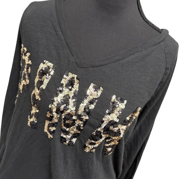 SOLD Victoria's Secret PINK Charcoal Leopard sequin Long Sleeve Tee - Picture 2 of 5